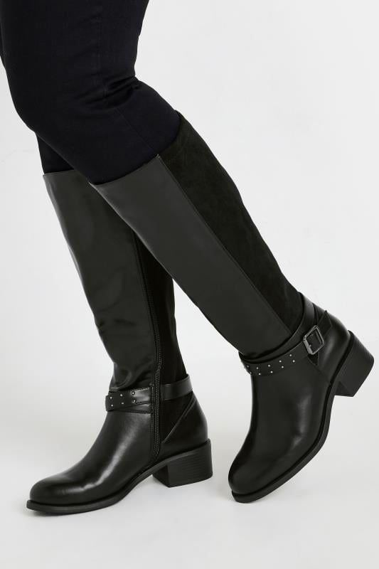 Plus Size  Yours Black Faux Leather Buckle Detail Knee High Boots In Extra Wide EEE Fit