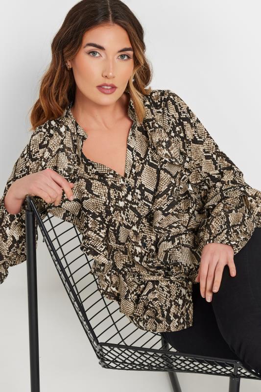 LTS Tall Beige Brown Snake Print Frill Shirt | Long Tall Sally 5