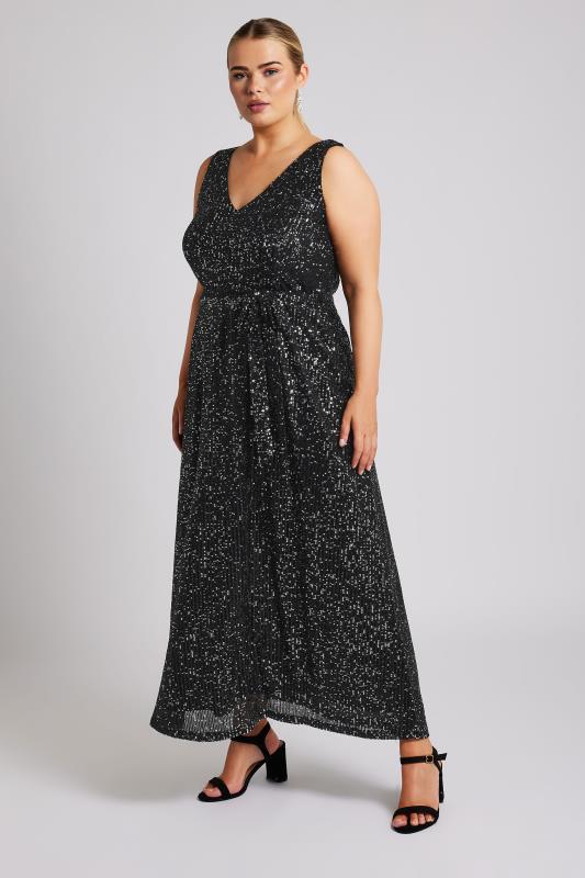 YOURS LONDON Plus Size Black Sequin V-Neck Maxi Dress | Yours Clothing 4