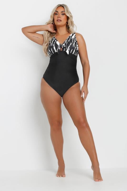 YOURS Plus Size Black Abstract Print Detail Tie Front Swimsuit | Yours Clothing 3