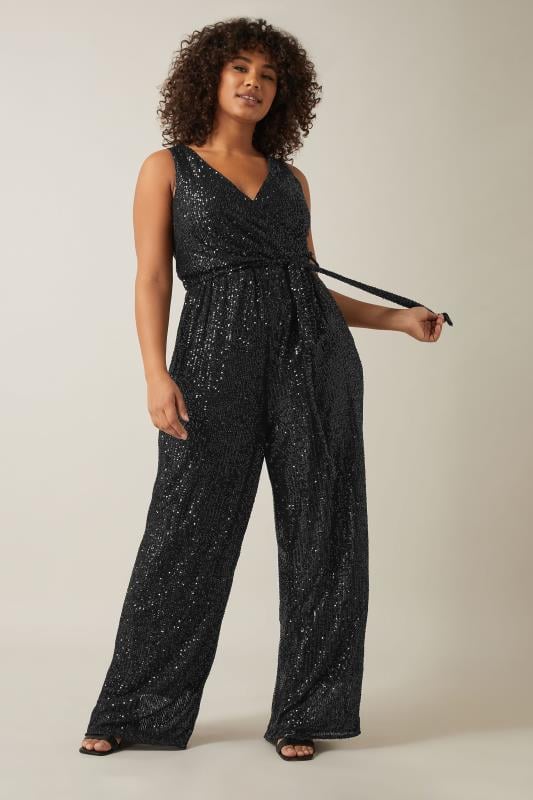 Plus Size  Evans Black Sequin Wide Leg Jumpsuit