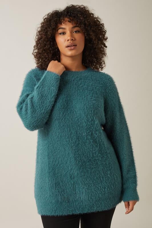 Plus Size  EVANS Curve Teal Blue Fluffy Knitted Jumper