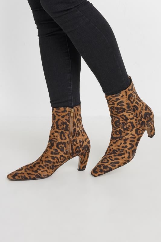 Tall  LTS Beige Brown Leopard Faux Suede Heeled Ankle Boot In Standard Fit