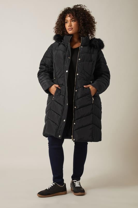 Plus Size  EVANS Curve Black Faux Fur Trim Padded Parka Coat