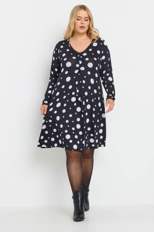 YOURS Plus Size Blue Polka Dot Print Mini Dress | Yours Clothing 1