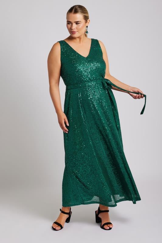 YOURS LONDON Plus Size Green Sequin V-Neck Maxi Dress | Yours Clothing 1