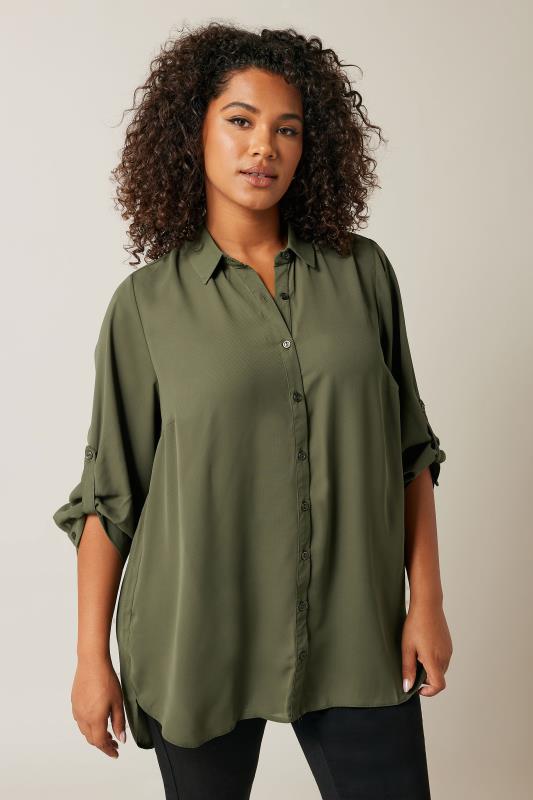 EVANS Plus Size Khaki Green Tab Sleeve Shirt | Evans  1