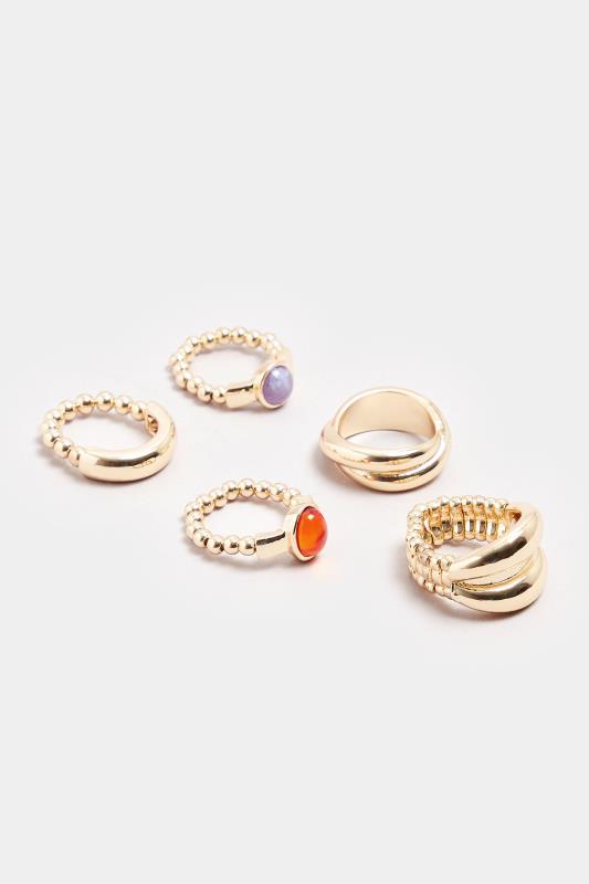 5 PACK Gold Tone Gemstone Stretch Ring Set | Yours Clothing  2