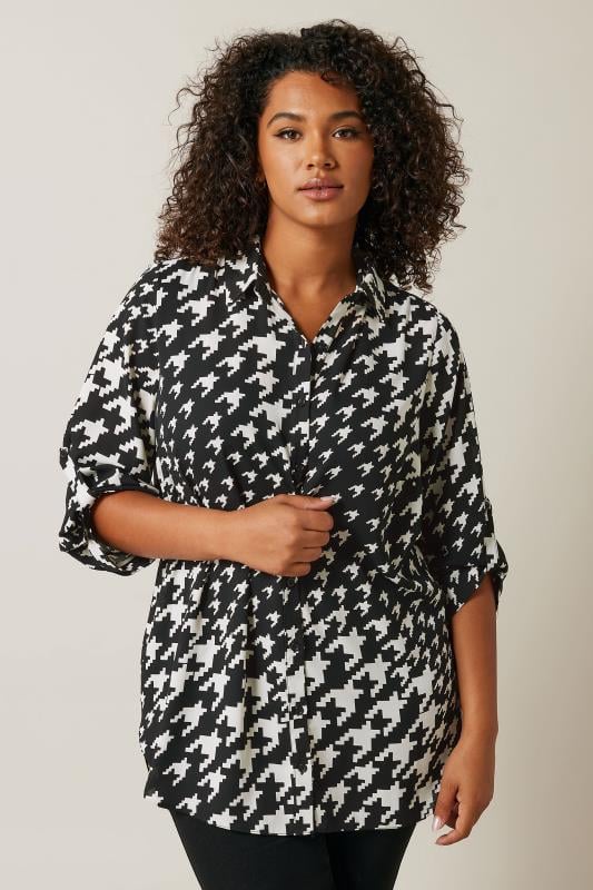 Plus Size  EVANS Curve Black Dogtooth Print Tab Sleeve Shirt