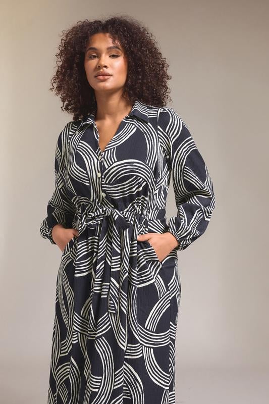 Plus Size  EVANS Curve Navy Blue Linear Print Jersey Crepe Dress