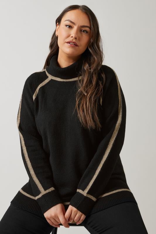 Plus Size  EVANS Curve Black Contrast Trim Roll Neck Jumper