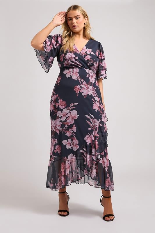 Plus Size  YOURS LONDON Curve Navy Blue Floral Print Ruffle Wrap Dress