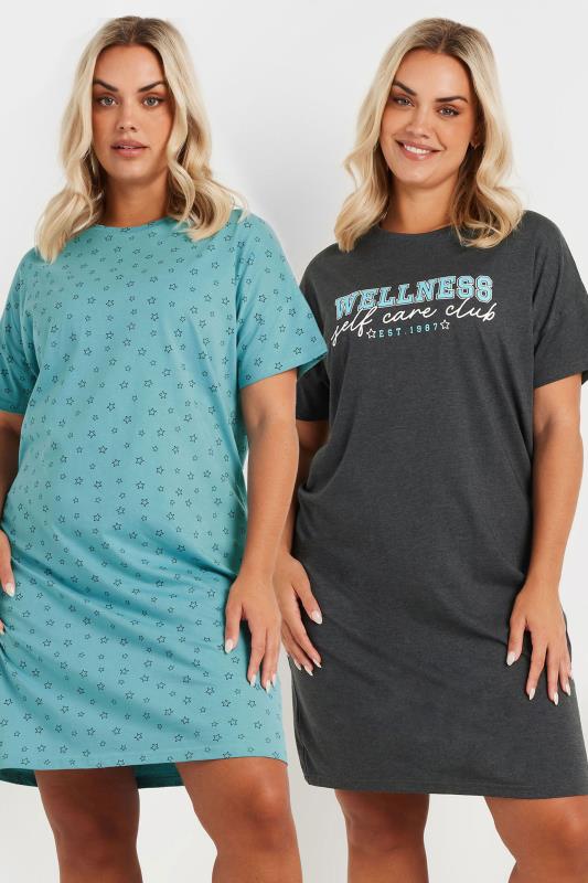 YOURS Plus Size 2 PACK Blue 'Wellness' Star Print Nightdresses | Yours Clothing 1