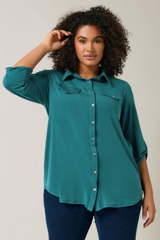 EVANS Plus Size Teal Blue Tab Sleeve Blouse | Evans  1