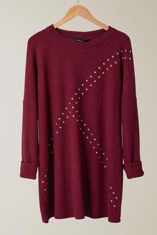 EVANS Plus Size Burgundy Red Stud Longline Jumper | Evans  5