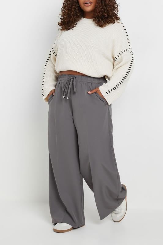 YOURS Plus Size Grey Pull On Wide Leg Trousers | Yours Clothing  1