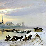 Dobrovolsky, Nikolai – The ferry across the Angara in Irkutsk, 900 Classic russian paintings