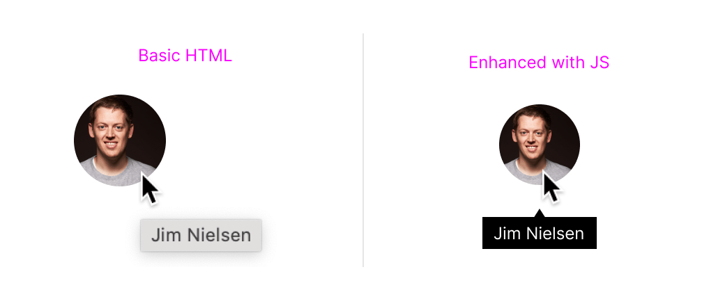 Screenshot of a basic HTML profile photo with a `title` tooltip on the left, and an enhanced tooltip with a profile photo on the right.
