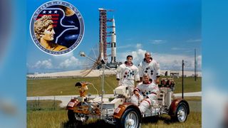 Eugene A. Cernan (seated), commander; Ronald E. Evans (standing on right), command module pilot; and Harrison H. Schmitt, lunar module pilot