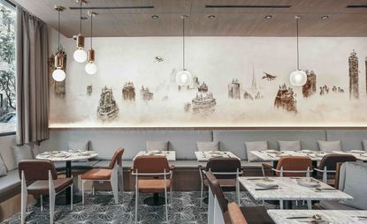 Qiu Anxiong wall mural at Atlas Kitchen restaurant, New York, USA