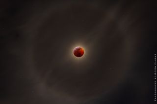 Kevin Clarke captured this composite photo of the total lunar eclipse of January 2019 from his backyard near Fort Collins, Colorado. He used two different cameras and some photo editing to get both the eclipsed moon and the faint halo in the shot.