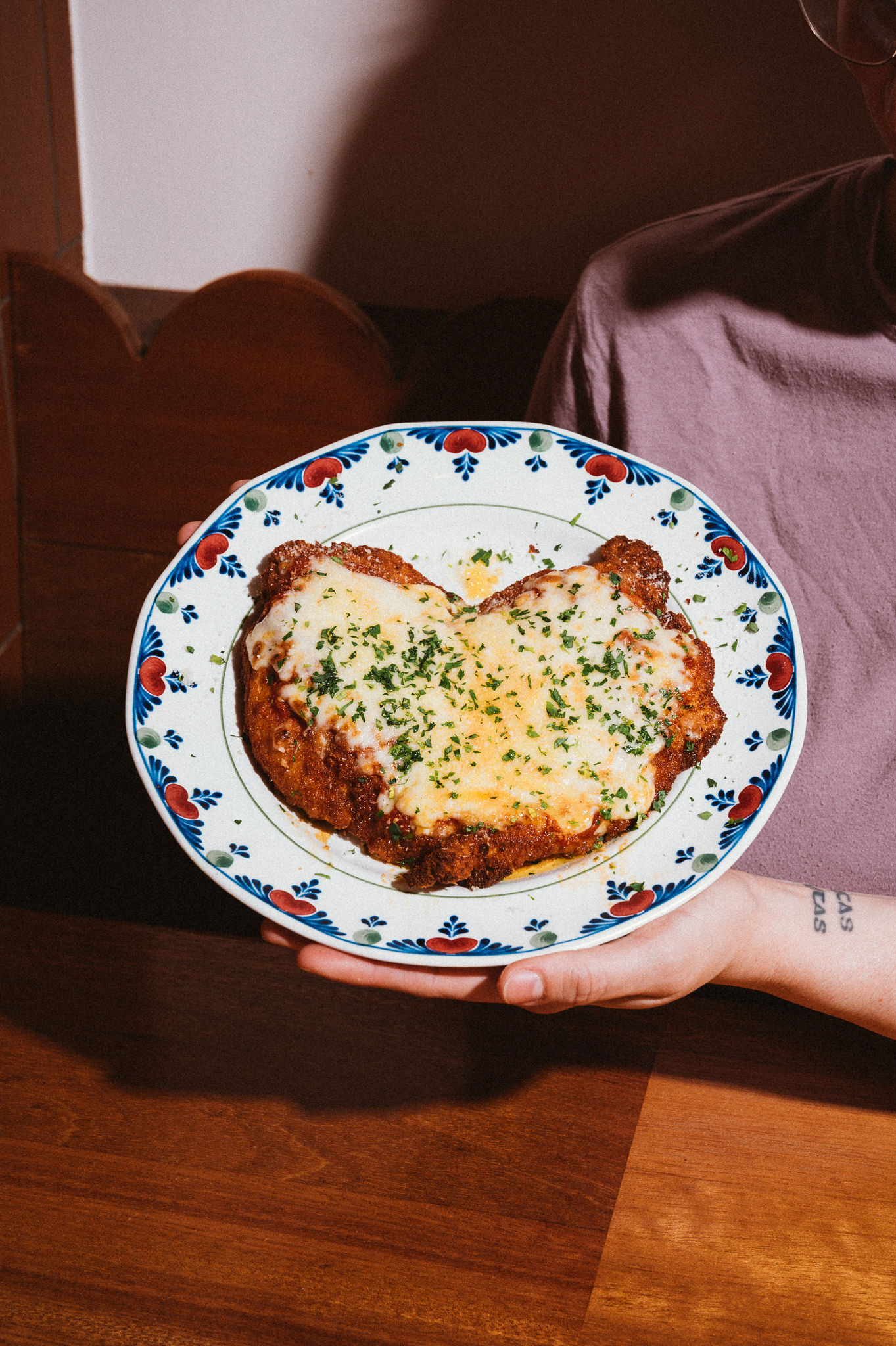 A plate with a heart-shaped chicken Parm at Gabbiano’s in Portland, Oregon.