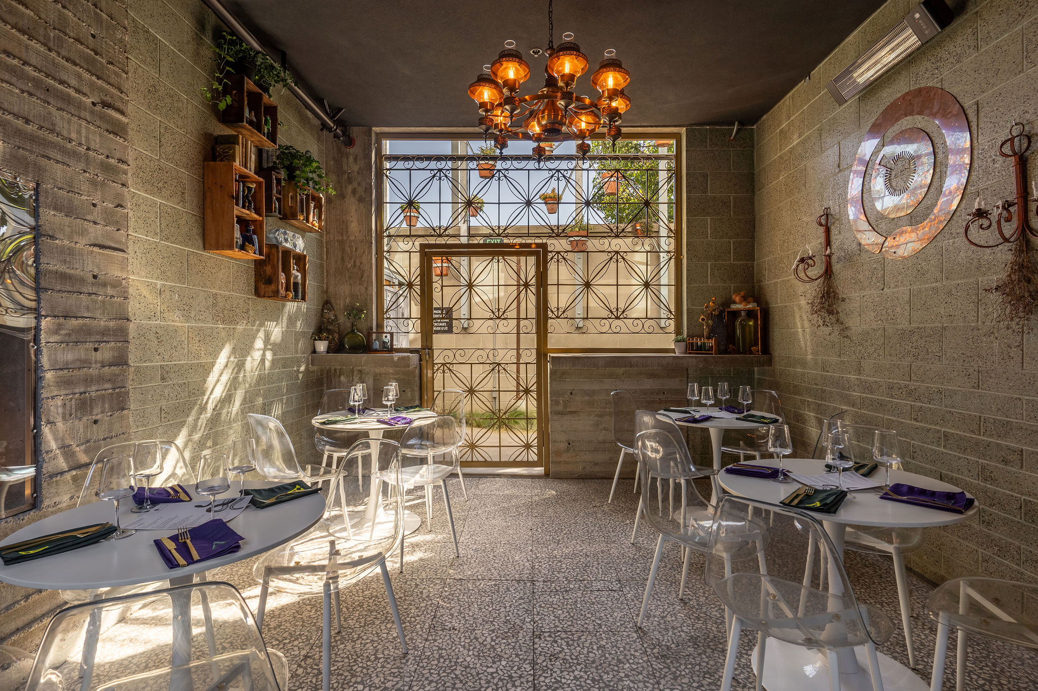 Tables in a courtyard.