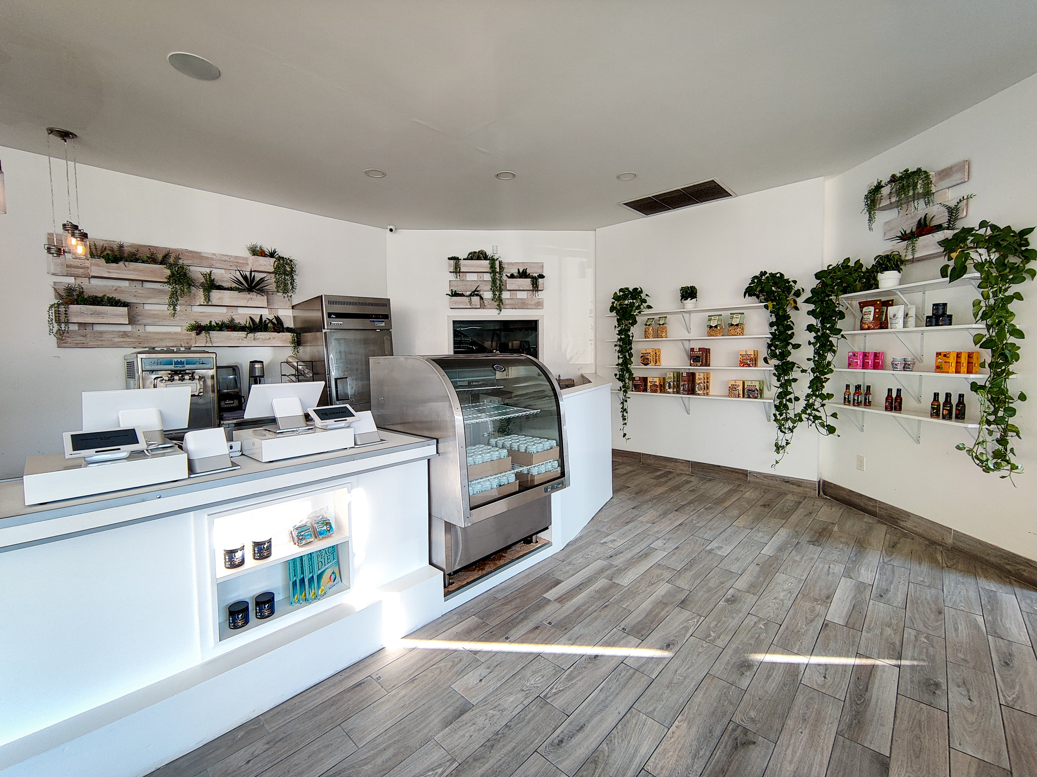 Interior with white wall and shelving.