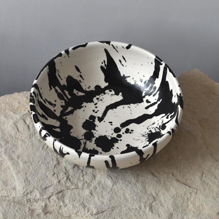 Handmade Modern Matte Black and White Splattered Rock Ceramic Serving Salad Bowl by OWO Cerámica