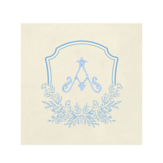 Custom Blue Floral Monogram Digitally Printed on Ecru Napkin by Kim Stealey