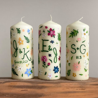 Monogrammed Ivory with Greenery & Pastel Floral Hand-Painted 6” Pillar Candle, Set of 1 by Ashley Myers