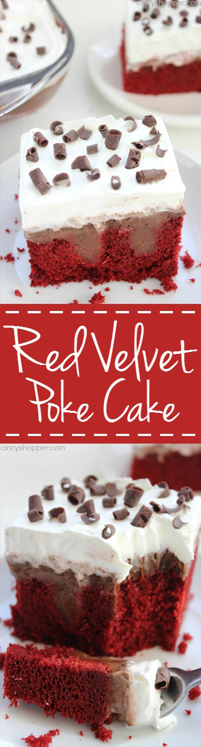 Red Velvet Poke Cake - Super simple dessert idea that tastes AMAZING! Perfect for the holidays.