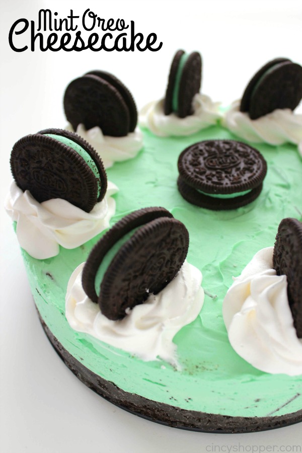 No Bake Mint Oreo Cheesecake - perfect St. Patrick’s Day dessert. Mint fans will love the crushed Mint OREO cookie crust, minty cheesecake filling with chopped mint Andes candies.