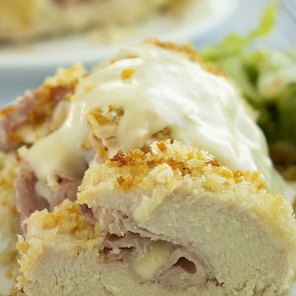 easy chicken cordon bleu on a white plate