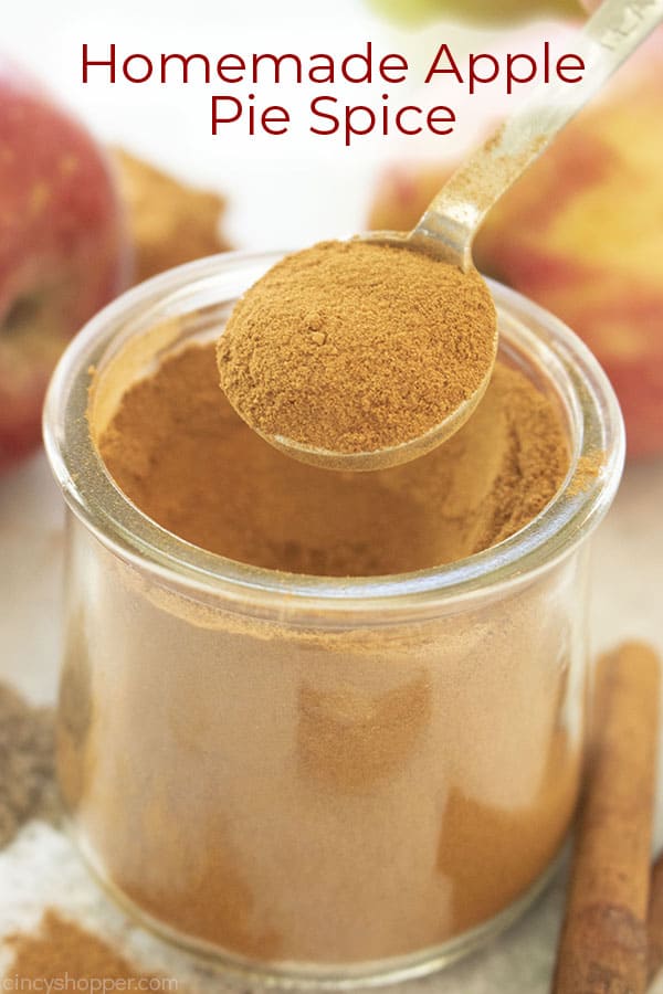 Text on image Homemade Apple Pie Spice with spices and apple on a gray background