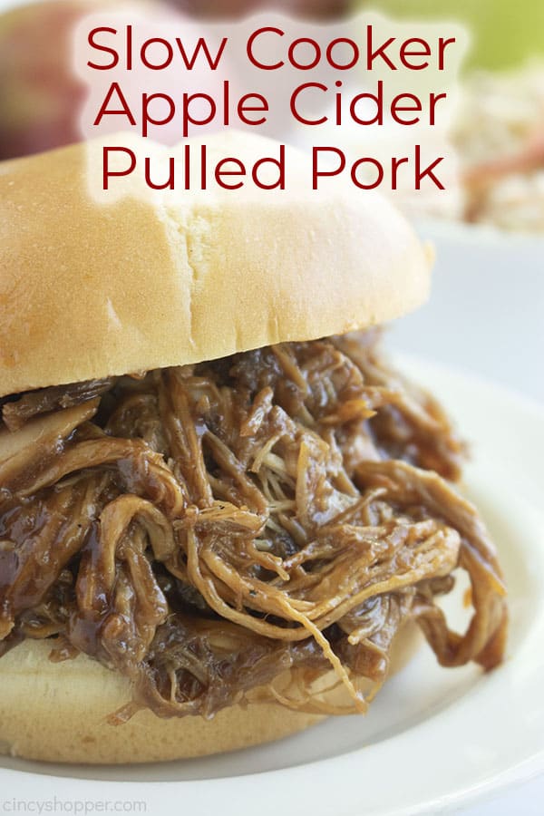 Long pin image of the Pulled Pork sandwich titled Slow Cooker Apple Cider Pulled Pork in red 