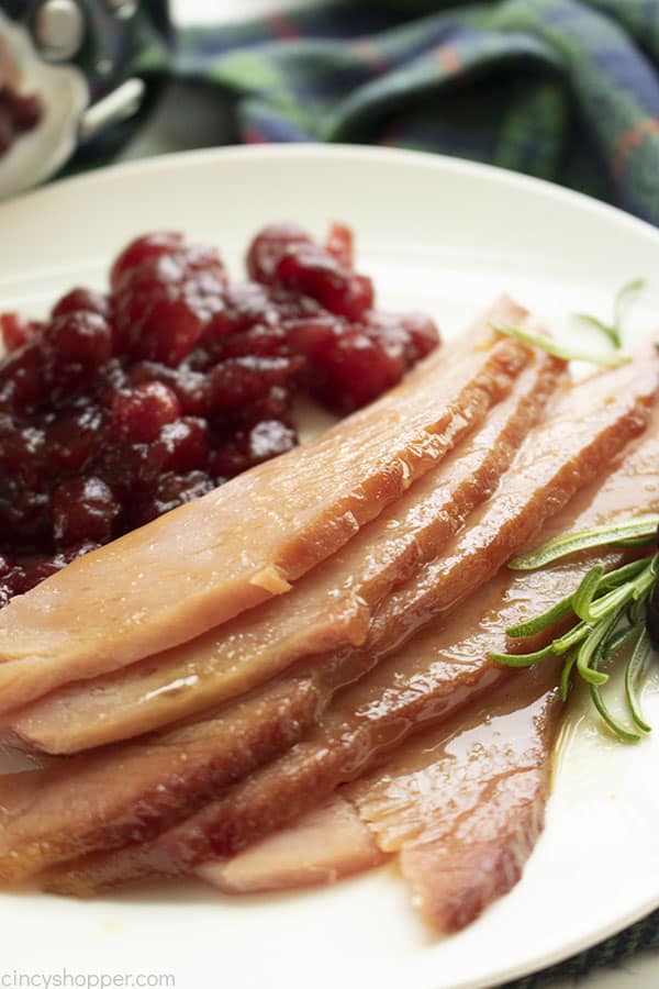 Brown sugar pineapple glazed ham on a plate