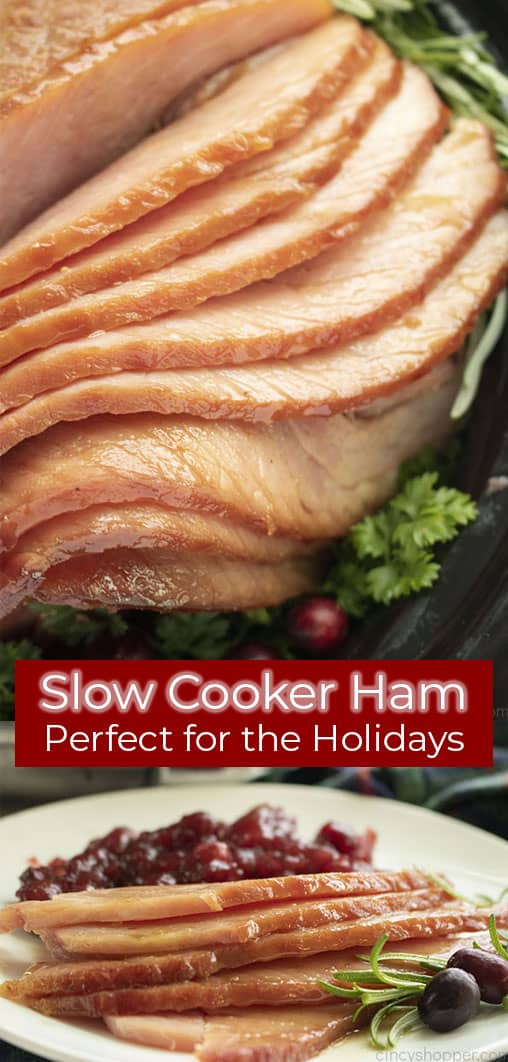 Long pin collage with text on image Slow Cooker Ham Perfect for the Holidays