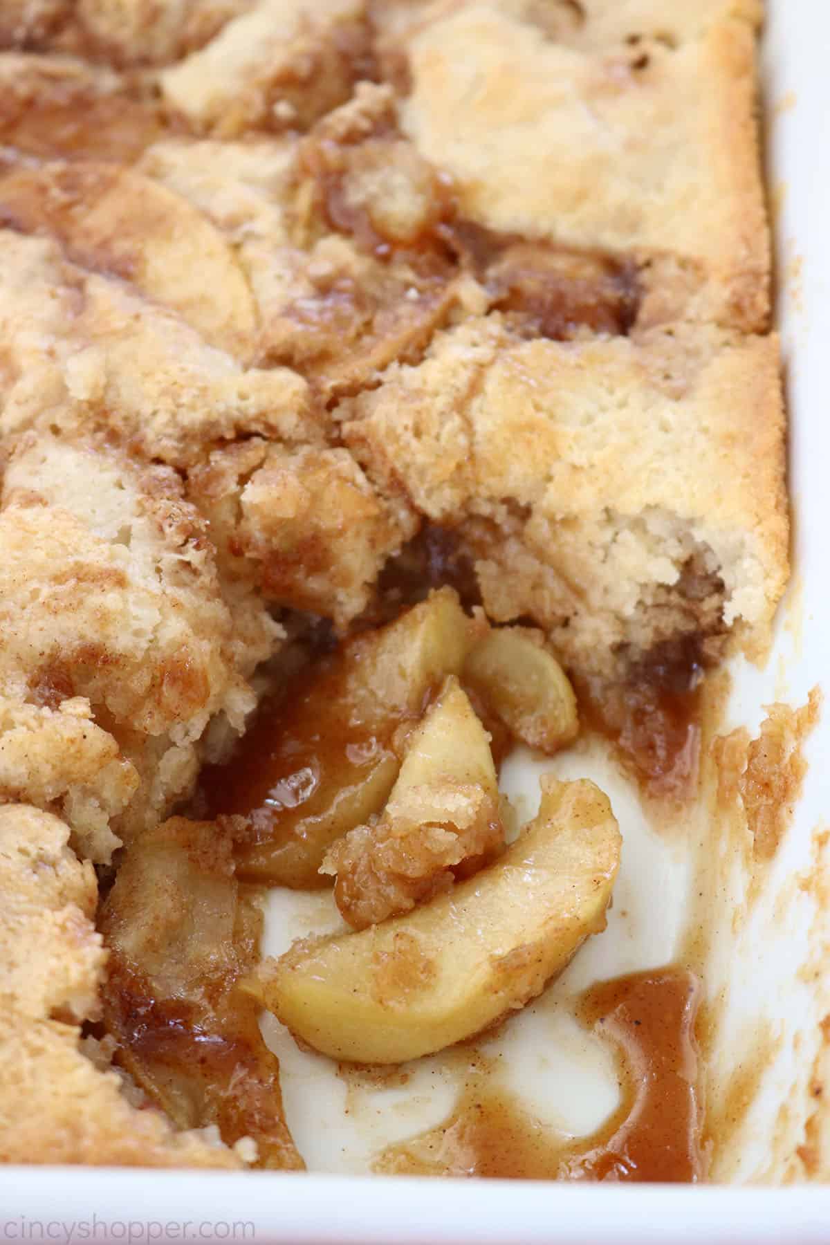 Apple Cobbler in a white baking dish.