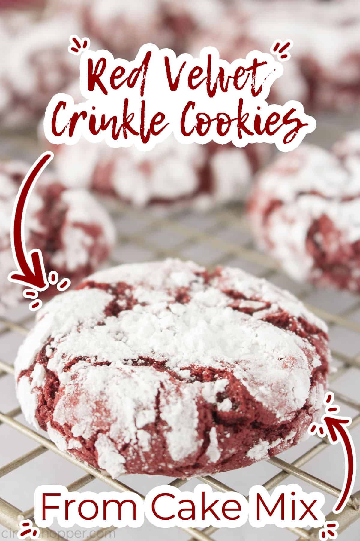 Text on image Red Velvet Crinkle Cookies from boxed cake mix.