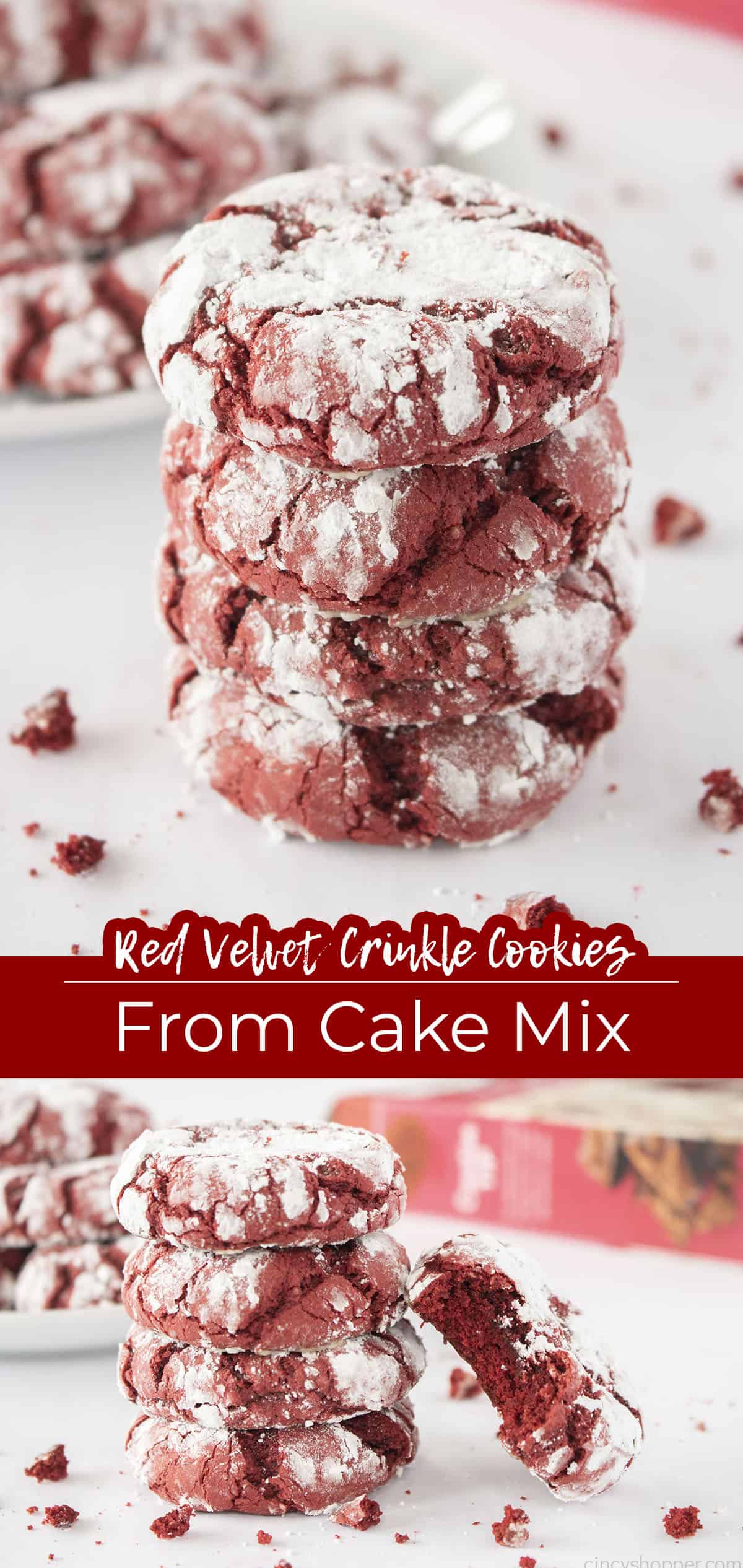 Text on image Red Velvet Crinkle Cookies from boxed cake mix.