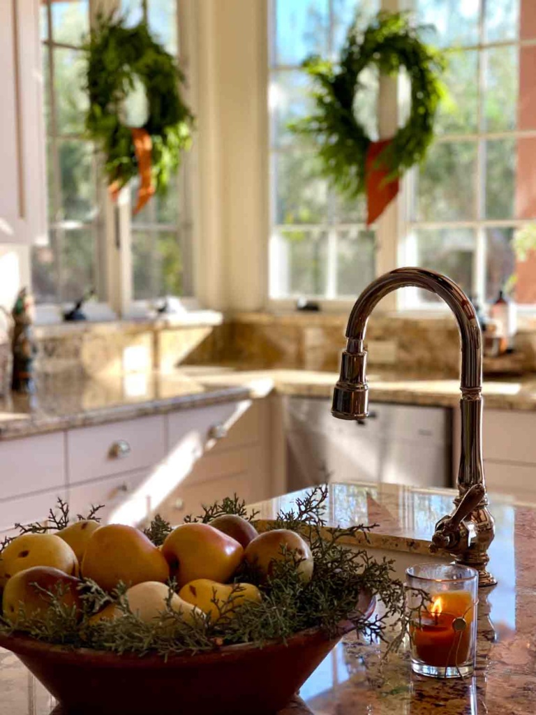 kitchen with pears and christmas wreaths