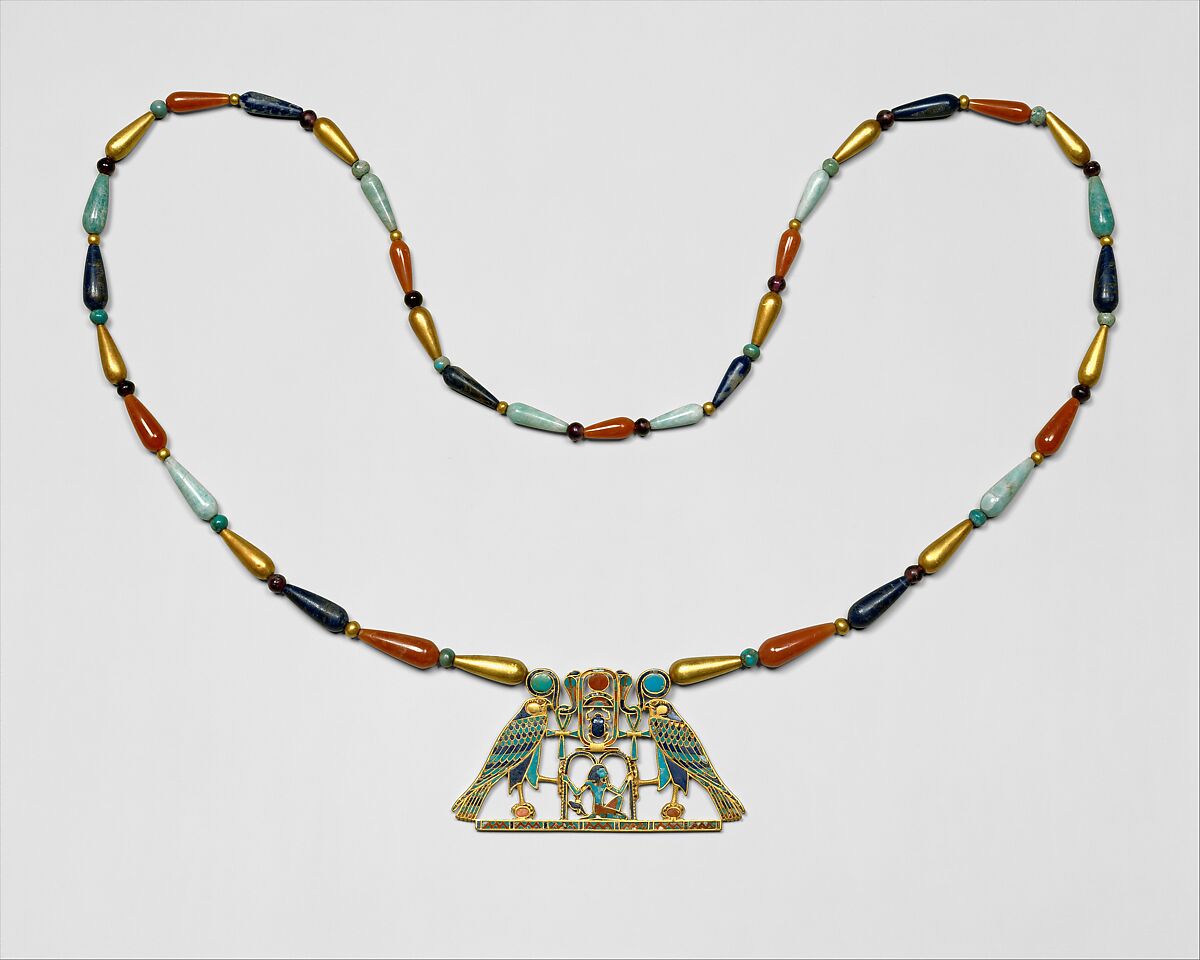 Pectoral and Necklace of Sithathoryunet with the Name of Senwosret II, Gold, carnelian, lapis lazuli, turquoise, garnet (pectoral)<br/>Gold, carnelian, lapis lazuli, turquoise, green feldspar (necklace)