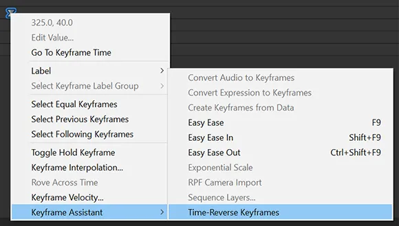 Reversing keyframes using the keyframe assistant