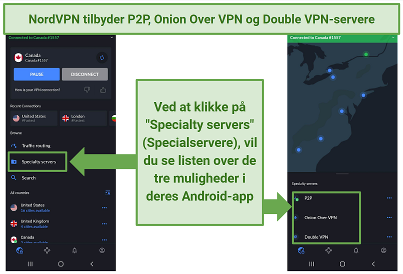 A screenshot of NordVPN's Android app showing the 3 different specialty server options