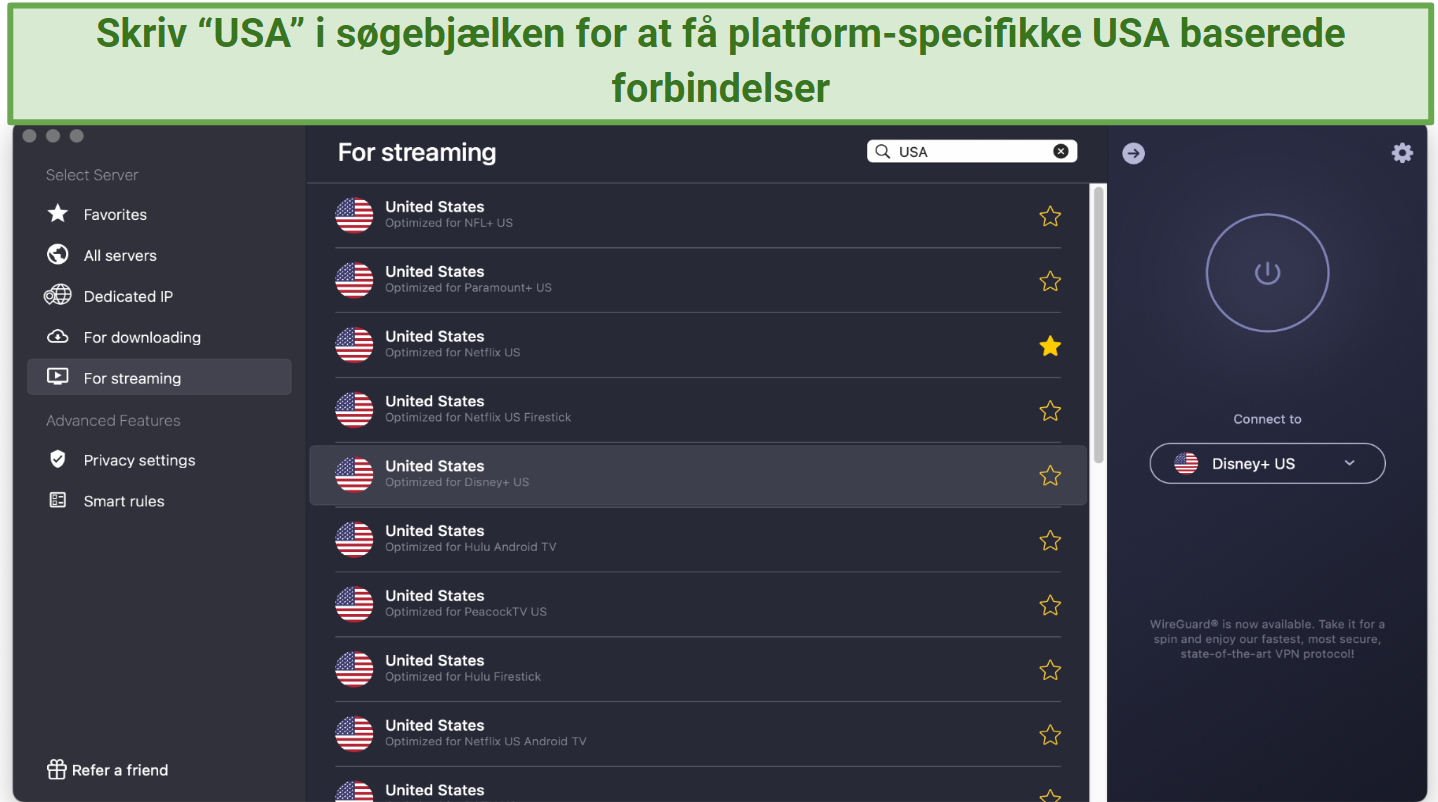 Screenshot showing the US streaming servers on the CyberGhost app