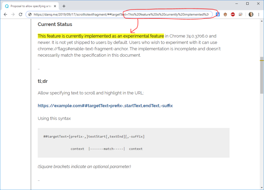 Chrome's experimental fragment text link targetting