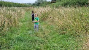 Children look around a field.