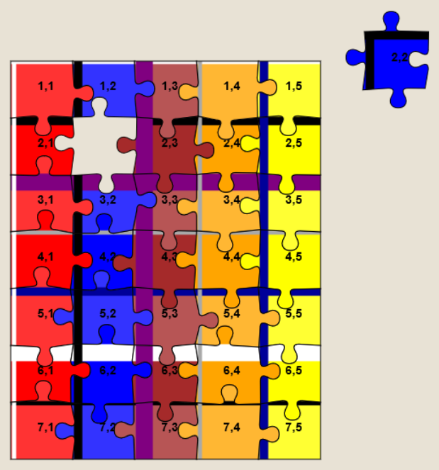 An almost-solved Jigidi jigsaw striped and painted to make solving easier.