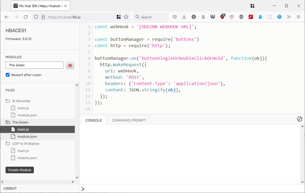 Screenshot showing the Flic Hub SDK open in Firefox. Three modules are loaded: "IR Recorder", "UDP to IR Blaster", and "The Green", the latter of which is open. "The Green" shows JavaScript code to listen for 'buttonSingleOrDoubleClickOrHold' events then transmits them as HTTP POST requests to a 'webHook' URL.